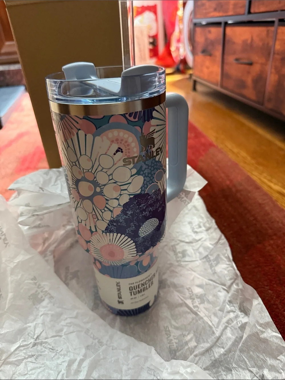 Stanley Floral Pattern Travel Tumbler in Light Blue and Navy